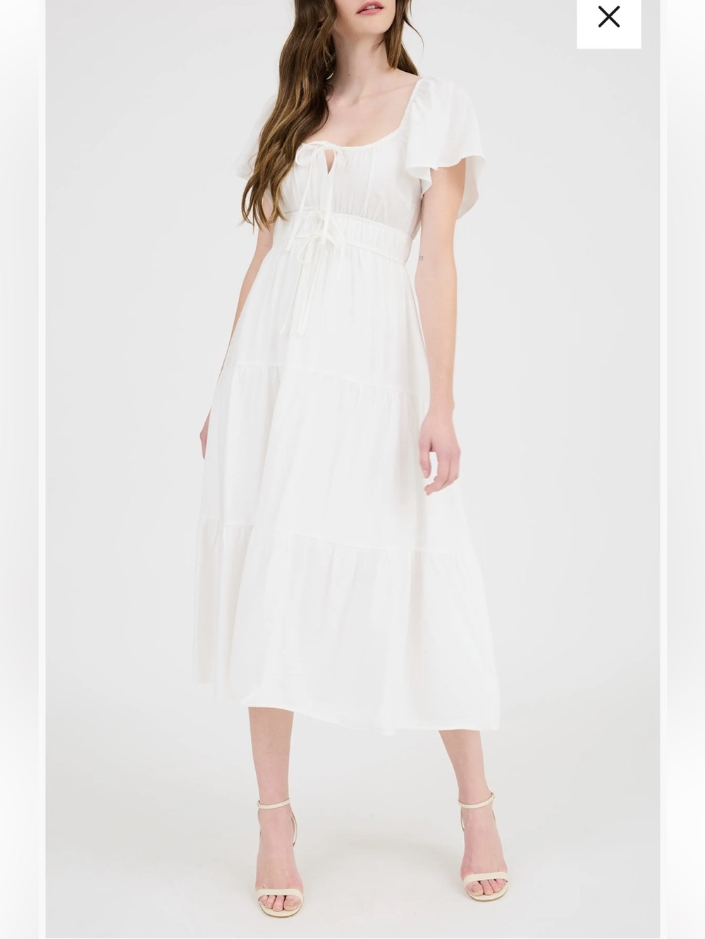August Sky White Tiered Midi Dress with Tie Front